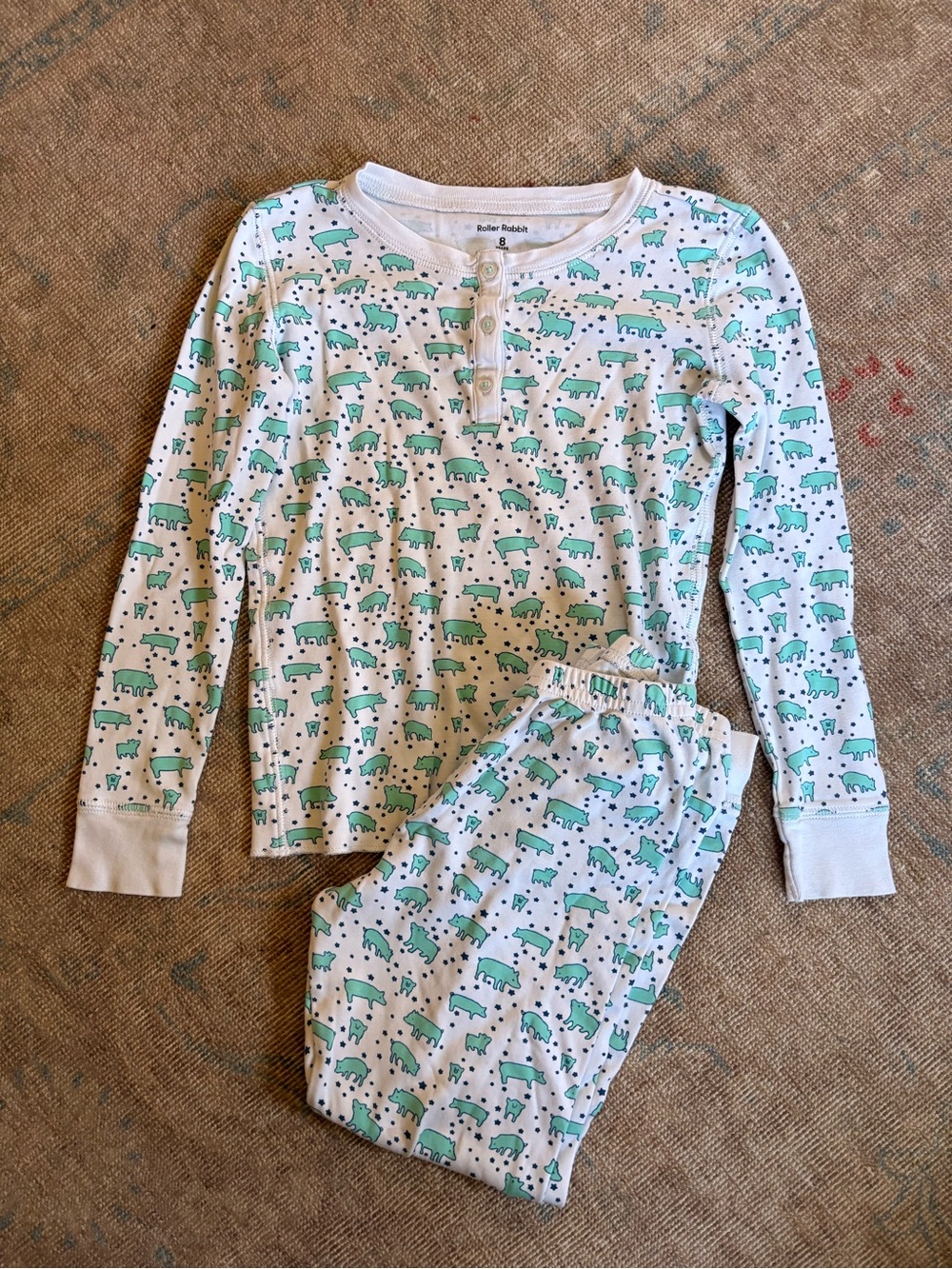 Roller Rabbit White Pajama Set with Pigs and Stars Print